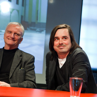 Prof. Jurij Kobe and Rok Žnidaršič received the Plečnik Award for the Puppet Theatre of Maribor - Press Conference <em>Photo: Boštjan Lah</em>